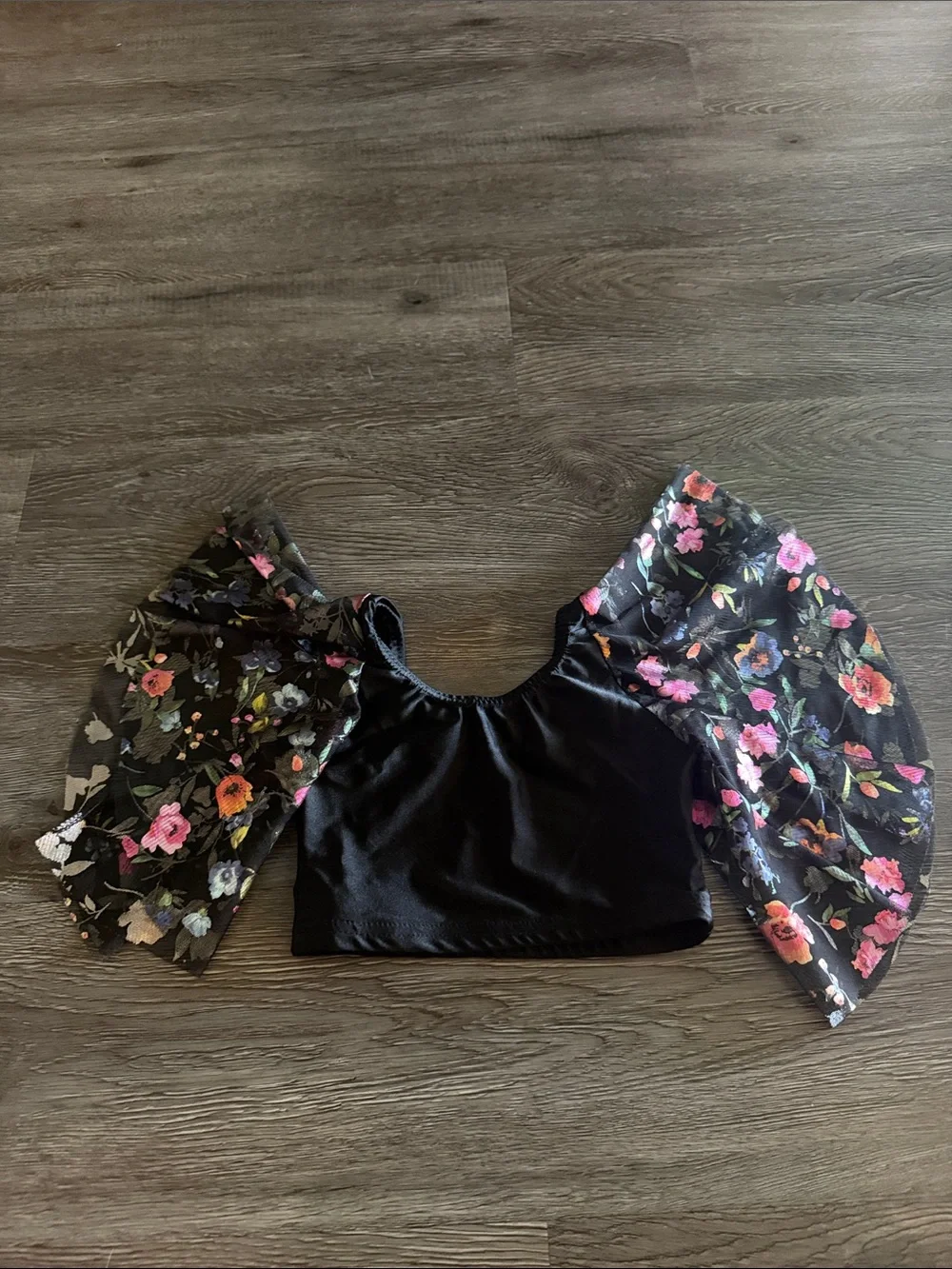 Black dance Top with Sheer Floral Balloon Sleeves